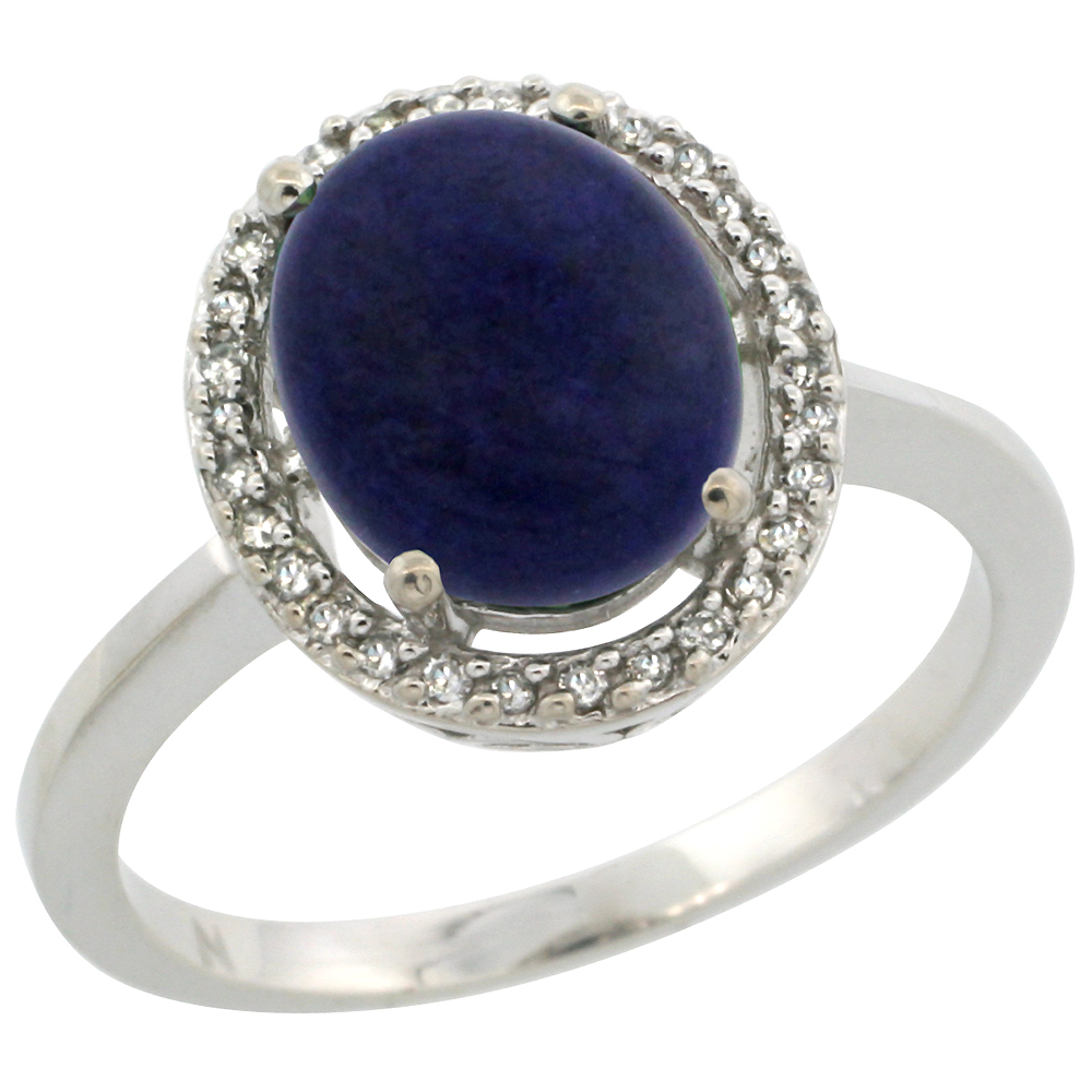 10K White Gold Diamond Halo Natural Lapis Engagement Ring Oval 10x8 mm, sizes 5 10