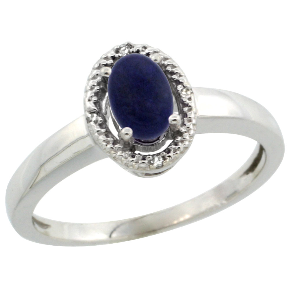 14K White Gold Diamond Halo Natural Lapis Engagement Ring Oval 6X4 mm, sizes 5-10