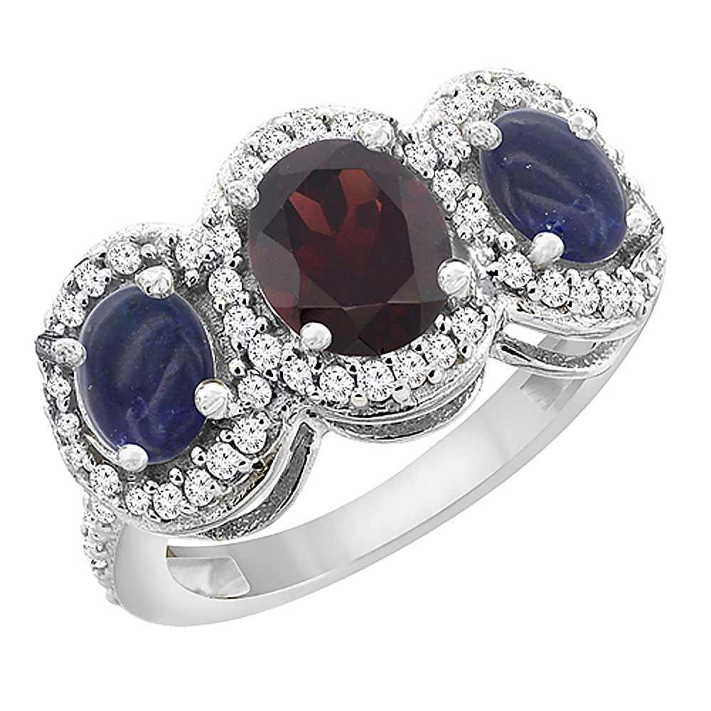 10K White Gold Natural Garnet &amp; Lapis 3-Stone Ring Oval Diamond Accent, sizes 5 - 10