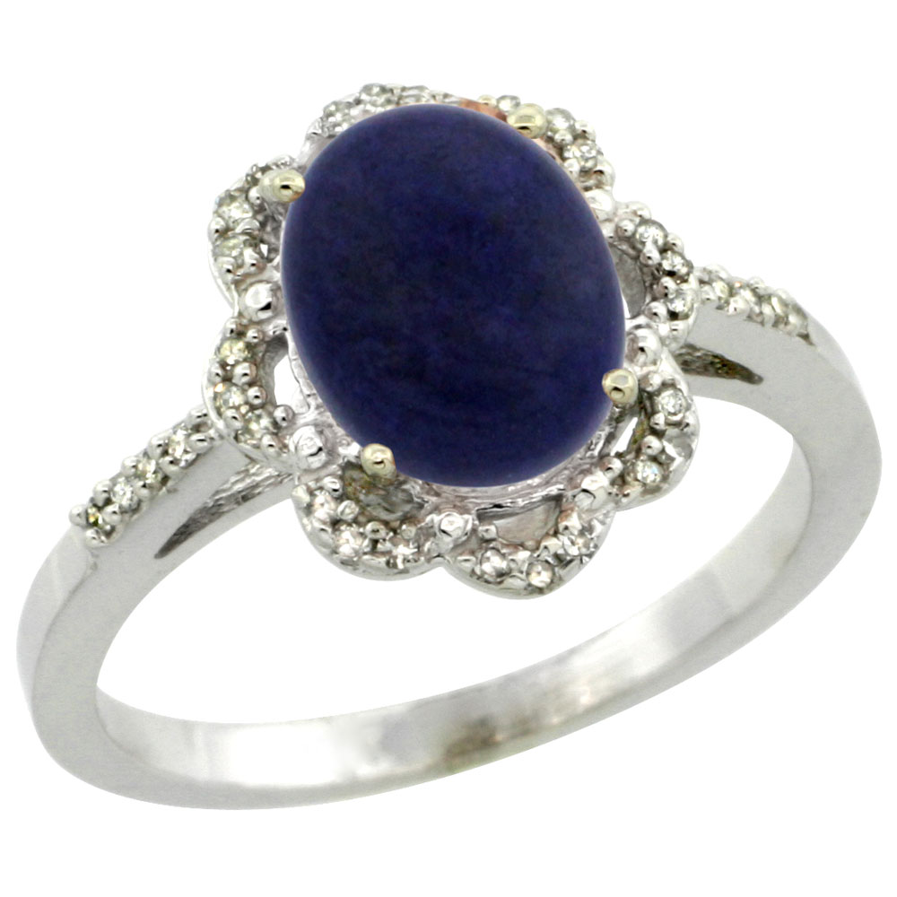 14K White Gold Diamond Halo Natural Lapis Engagement Ring Oval 9x7mm, sizes 5-10