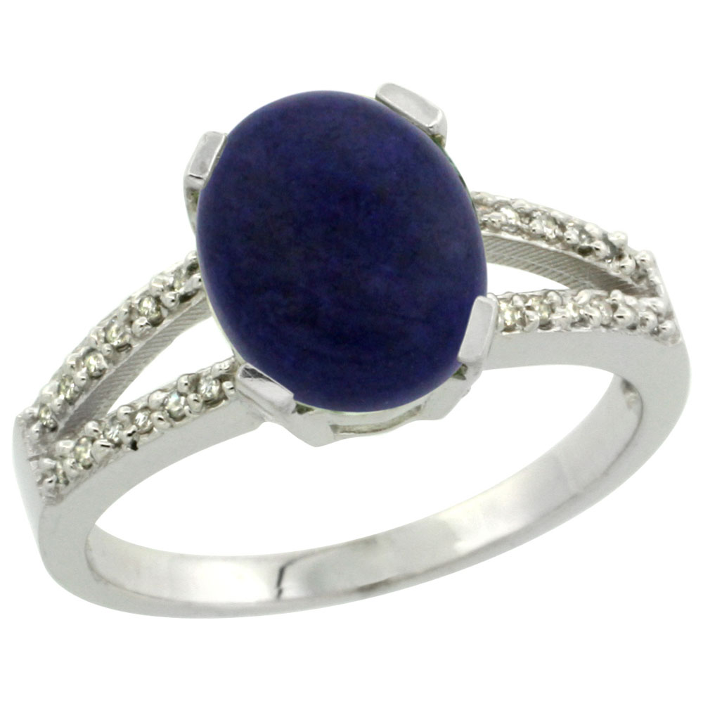 14K White Gold Diamond Natural Lapis Engagement Ring Oval 10x8mm, sizes 5-10