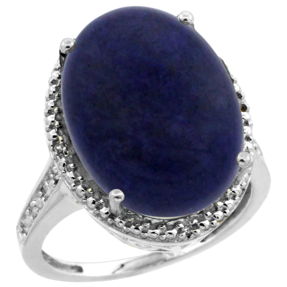 14K White Gold Diamond Natural Lapis Ring Oval 18x13mm, sizes 5-10