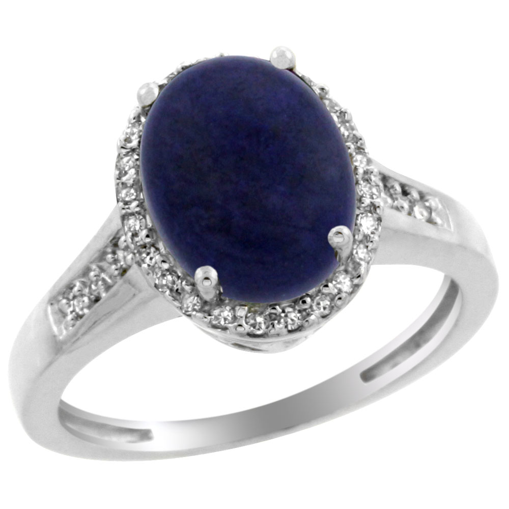 10K White Gold Diamond Natural Lapis Engagement Ring Oval 10x8mm, sizes 5-10