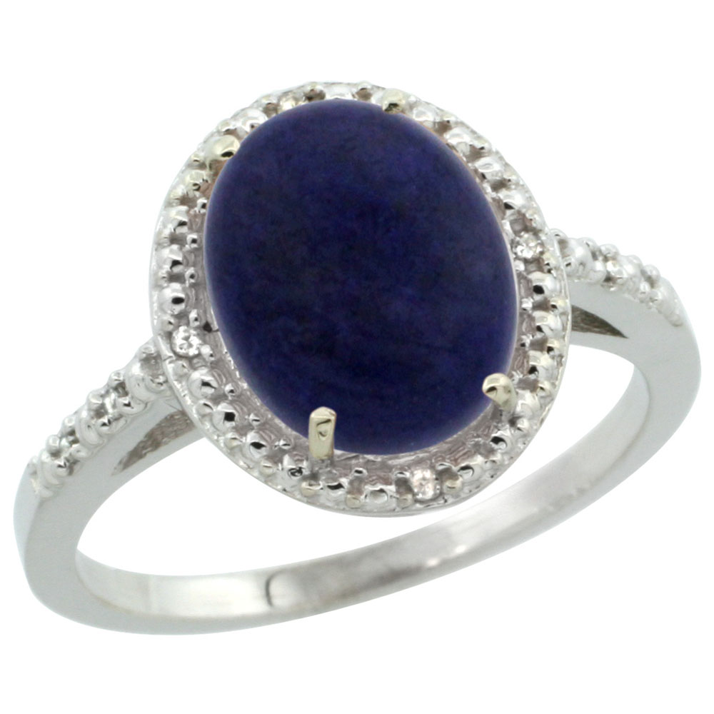 14K White Gold Diamond Natural Lapis Engagement Ring Oval 10x8mm, sizes 5-10