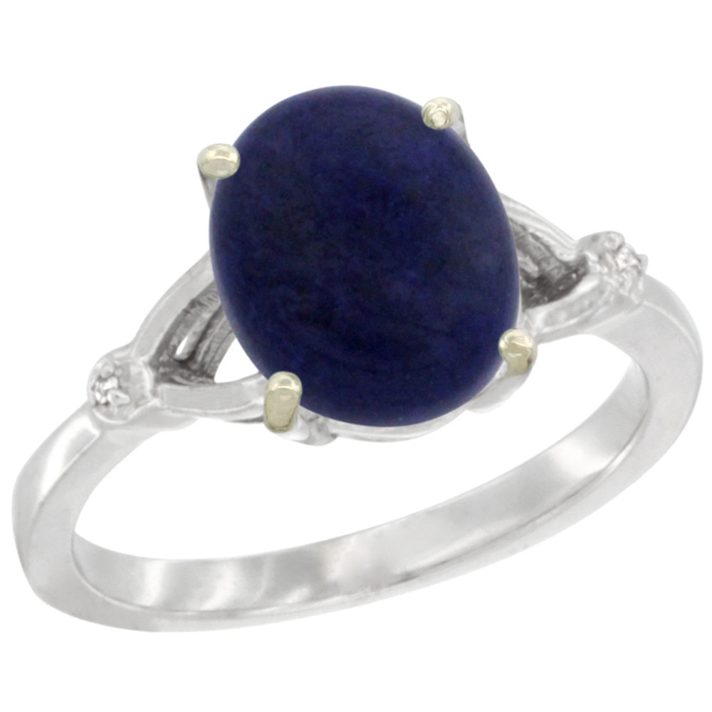 10K White Gold Diamond Natural Lapis Engagement Ring Oval 10x8mm, sizes 5-10