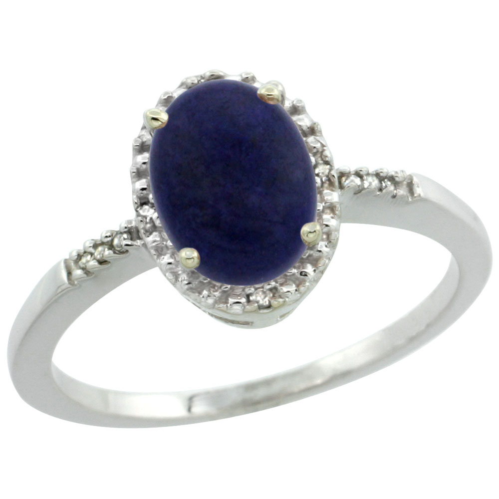 14K White Gold Diamond Natural Lapis Ring Oval 8x6mm, sizes 5-10