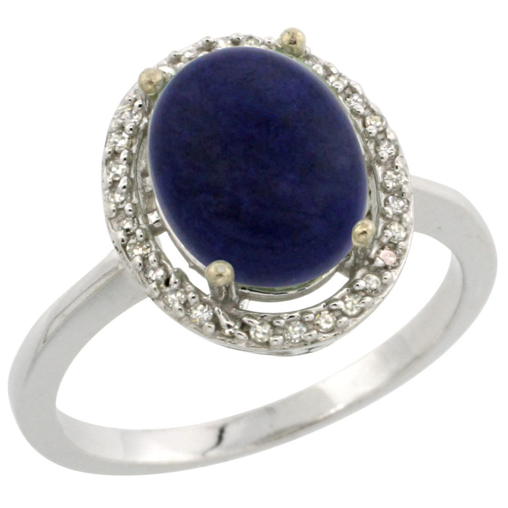 10K White Gold Diamond Natural Lapis Engagement Ring Oval 10x8mm, sizes 5-10