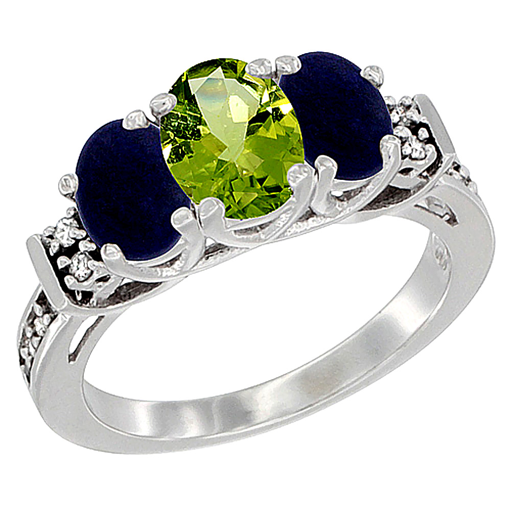 14K White Gold Natural Peridot & Lapis Ring 3-Stone Oval Diamond Accent, sizes 5-10