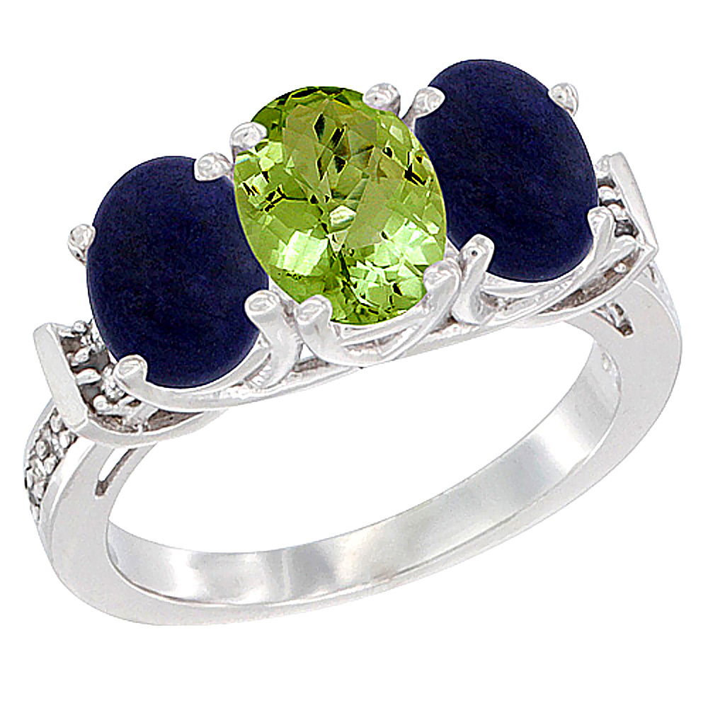 10K White Gold Natural Peridot & Lapis Sides Ring 3-Stone Oval Diamond Accent, sizes 5 - 10