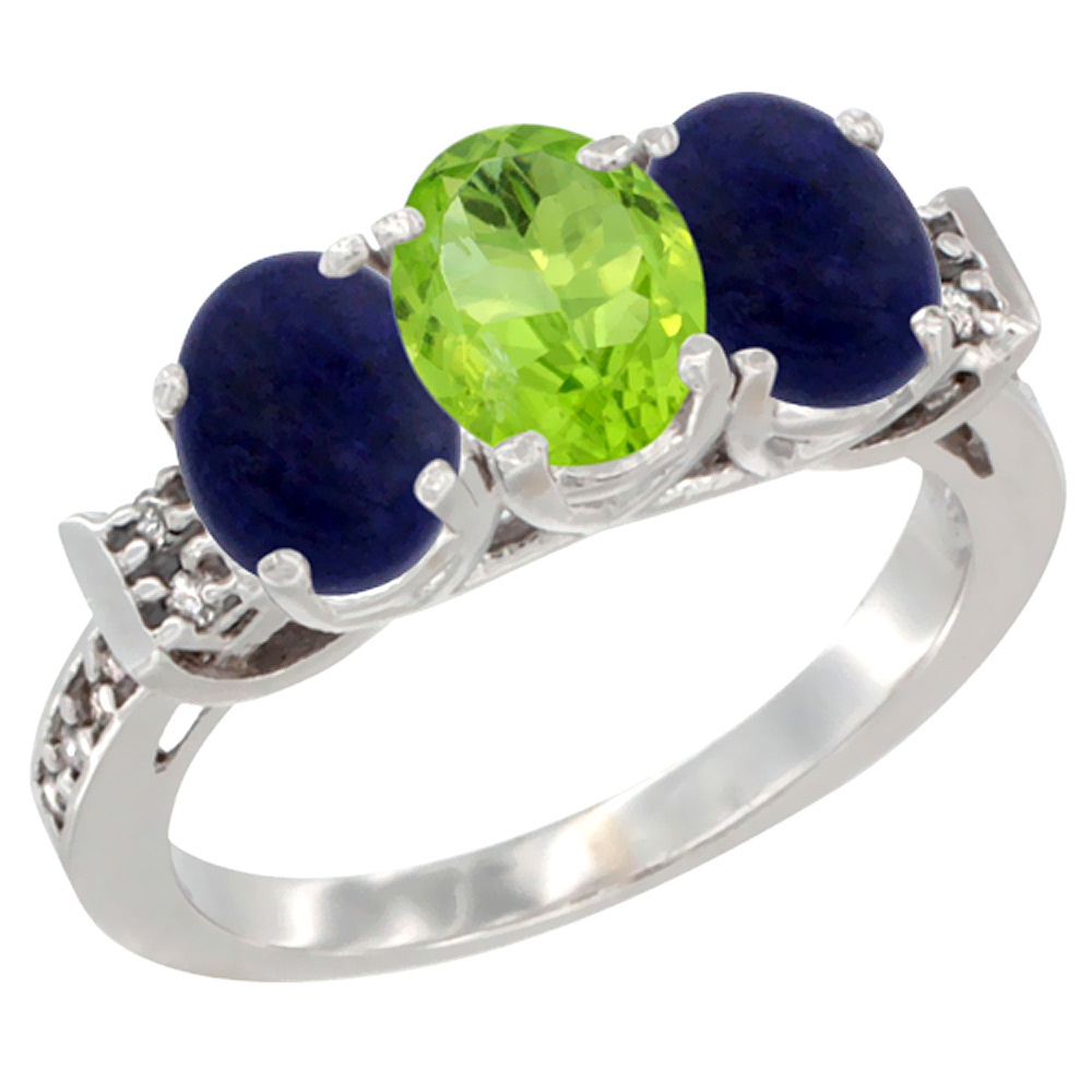 14K White Gold Natural Peridot & Lapis Ring 3-Stone 7x5 mm Oval Diamond Accent, sizes 5 - 10