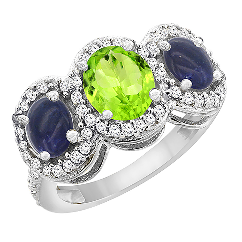 10K White Gold Natural Peridot & Lapis 3-Stone Ring Oval Diamond Accent, sizes 5 - 10