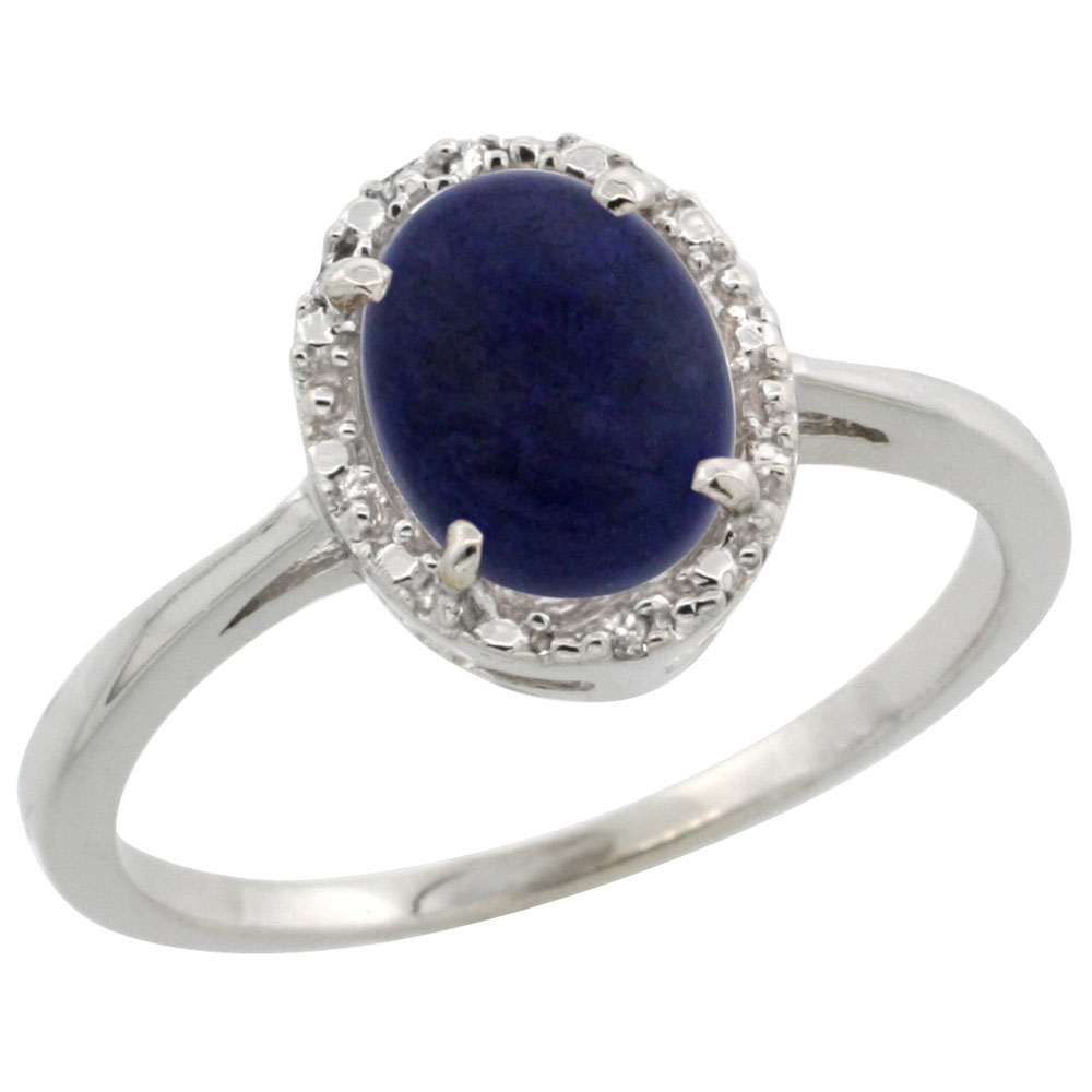 10k White Gold Natural Lapis Ring Oval 8x6 mm Diamond Halo, sizes 5-10