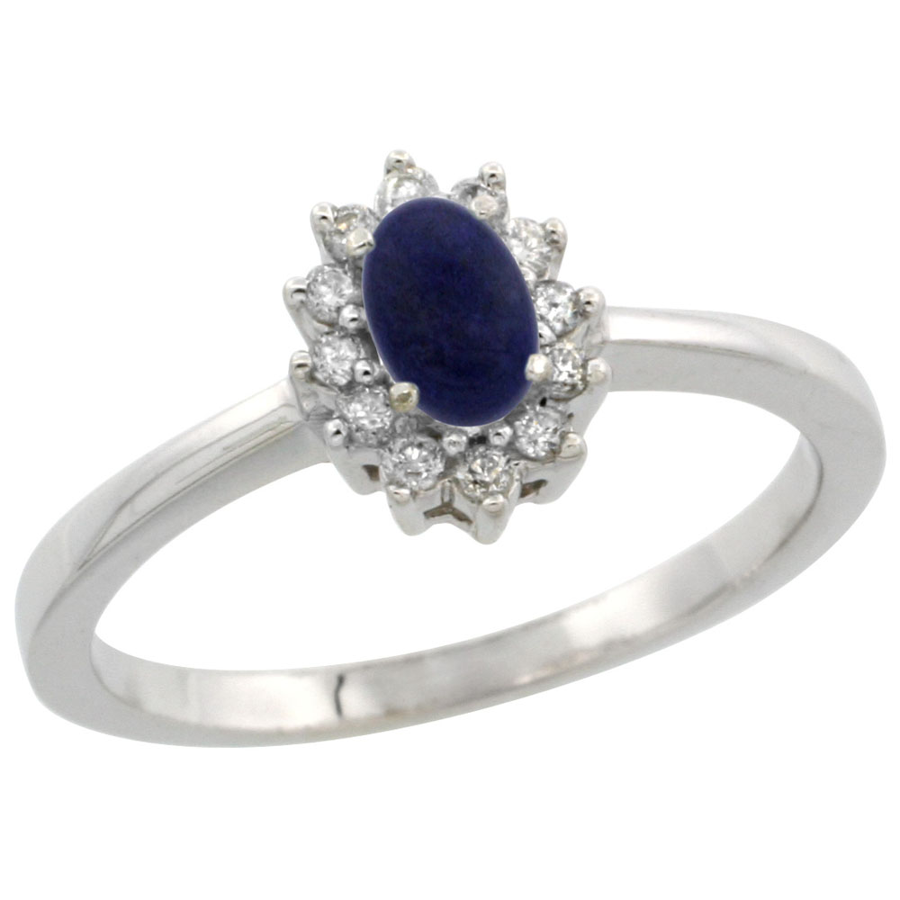 14K White Gold Natural Lapis Ring Oval 5x3mm Diamond Halo, sizes 5-10