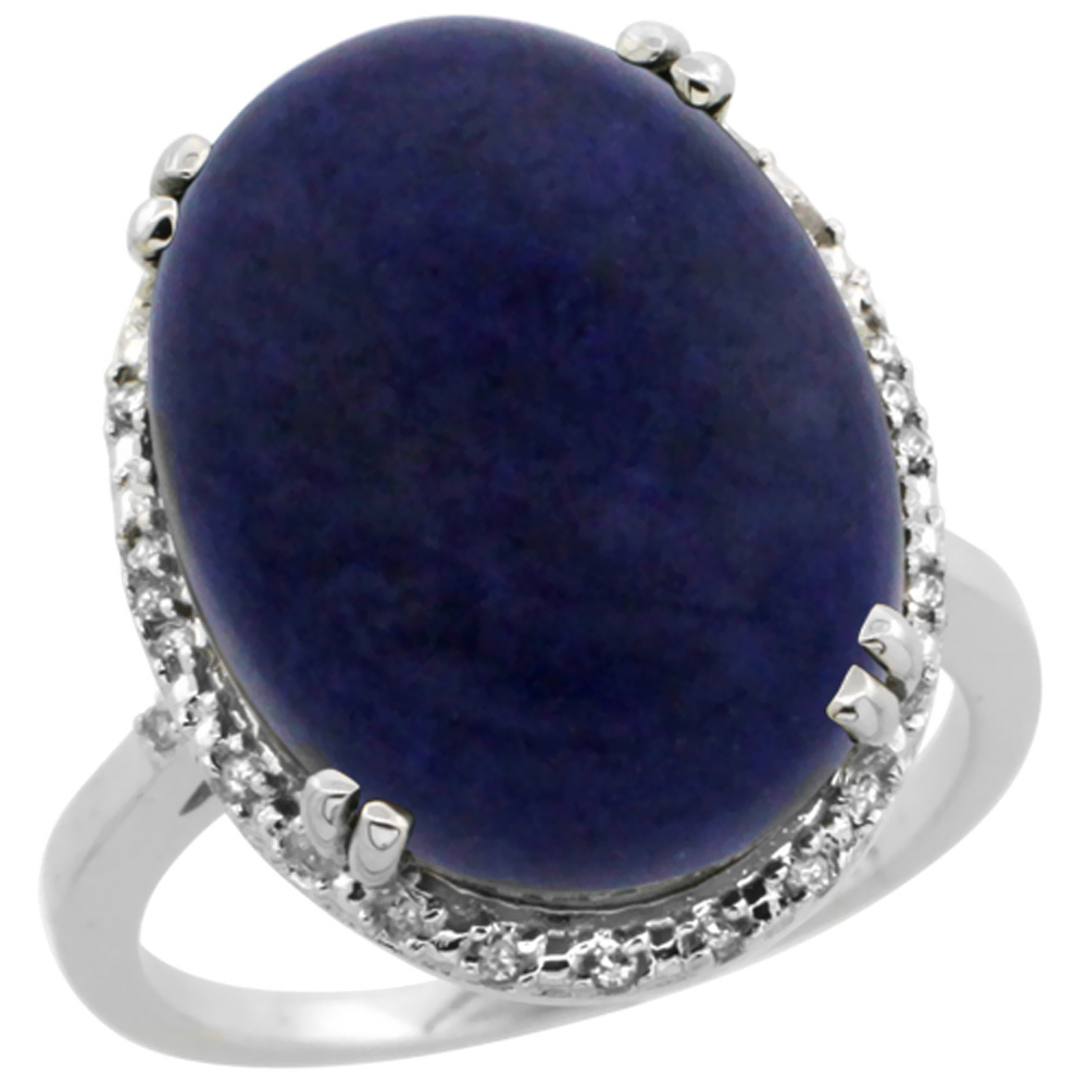 10k White Gold Natural Lapis Ring Large Oval 18x13mm Diamond Halo, sizes 5-10