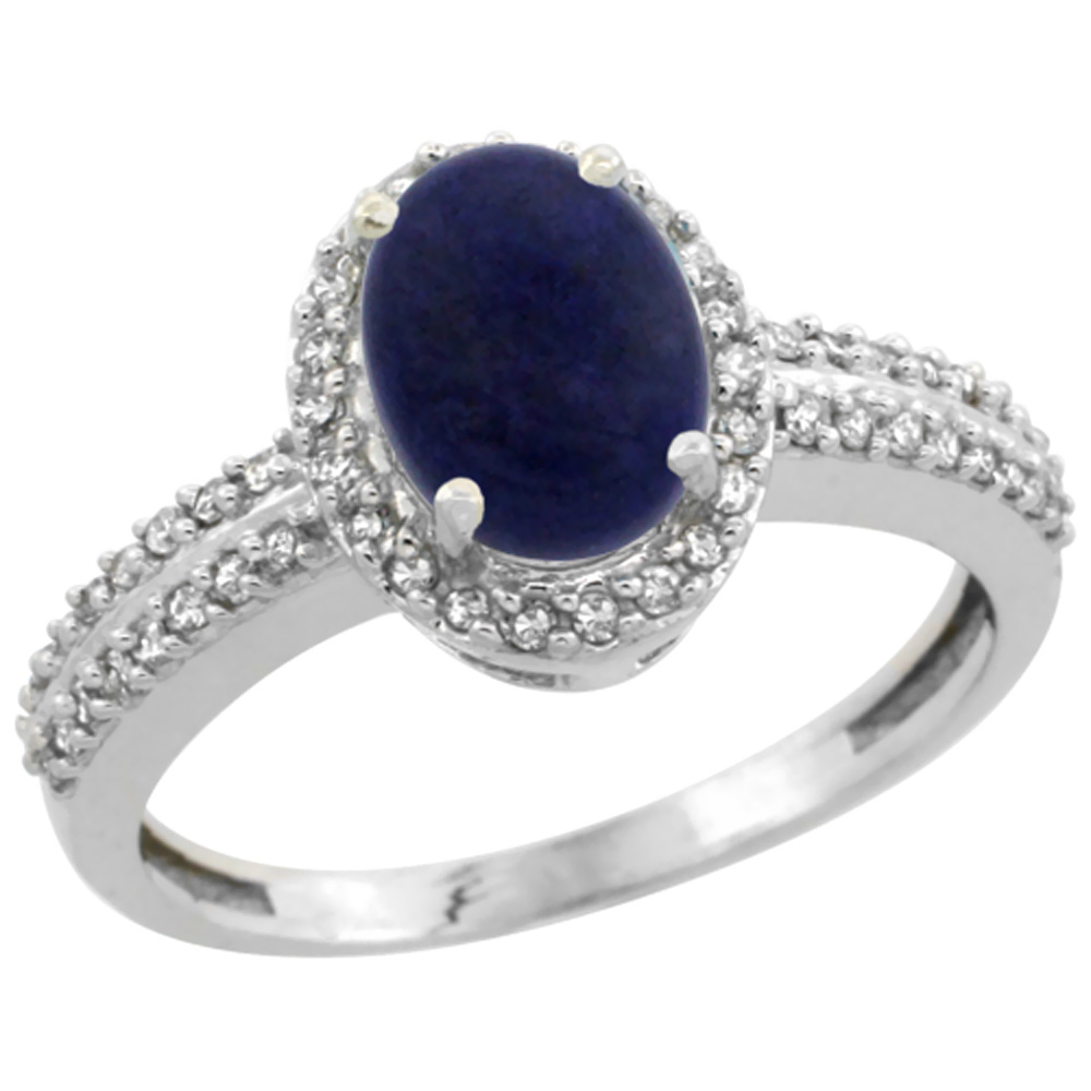 14K White Gold Natural Lapis Ring Oval 8x6mm Diamond Halo, sizes 5-10