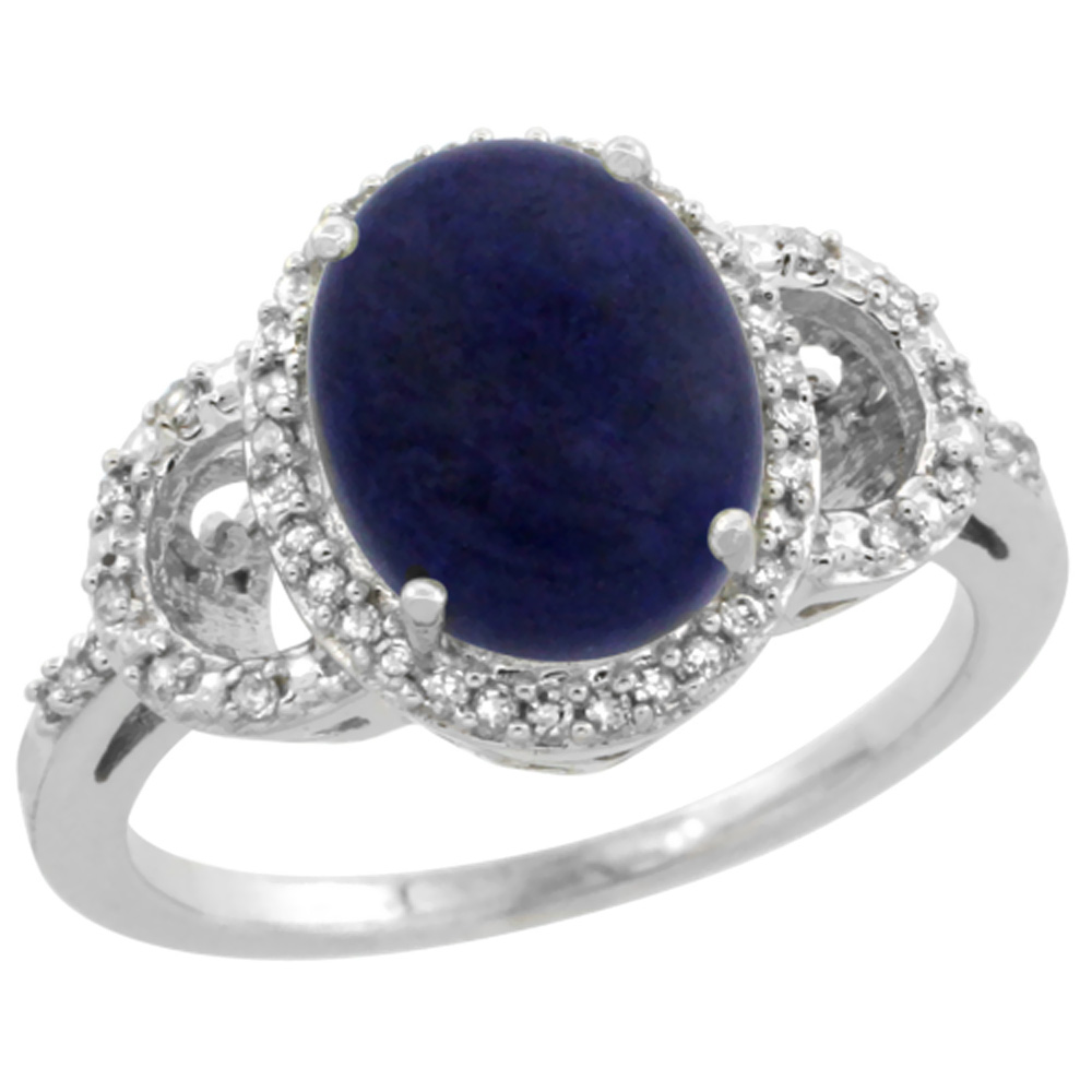 14K White Gold Diamond Natural Lapis Engagement Ring Oval 10x8mm, sizes 5-10