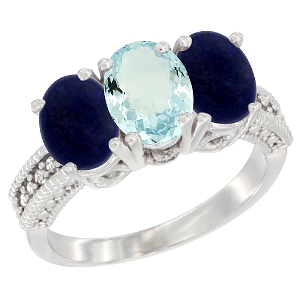 14K White Gold Natural Aquamarine Ring with Lapis 3-Stone 7x5 mm Oval Diamond Accent, sizes 5 - 10