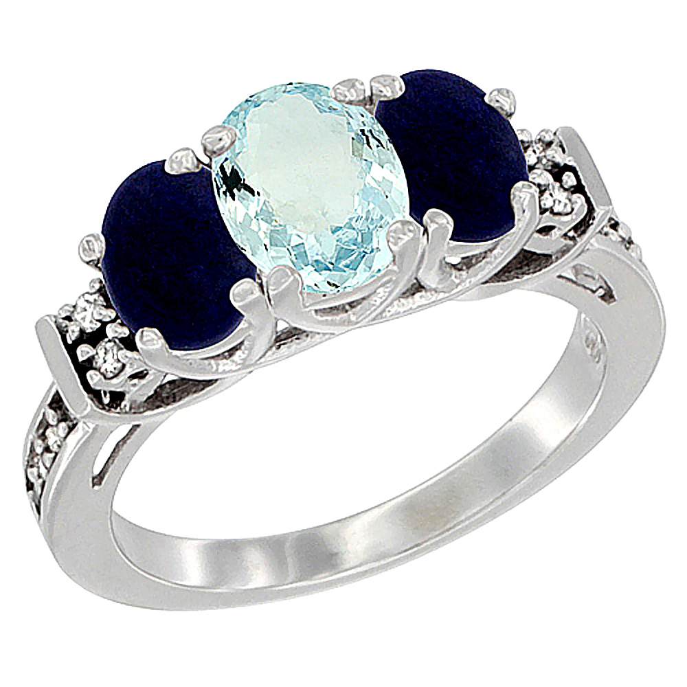 10K White Gold Natural Aquamarine & Lapis Ring 3-Stone Oval Diamond Accent, sizes 5-10