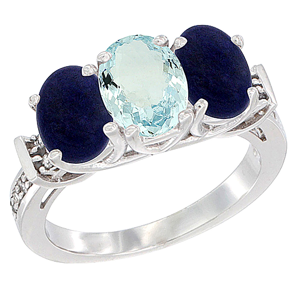 14K White Gold Natural Aquamarine & Lapis Sides Ring 3-Stone Oval Diamond Accent, sizes 5 - 10