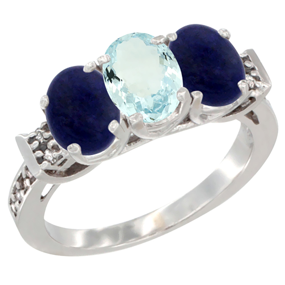 10K White Gold Natural Aquamarine &amp; Lapis Sides Ring 3-Stone Oval 7x5 mm Diamond Accent, sizes 5 - 10