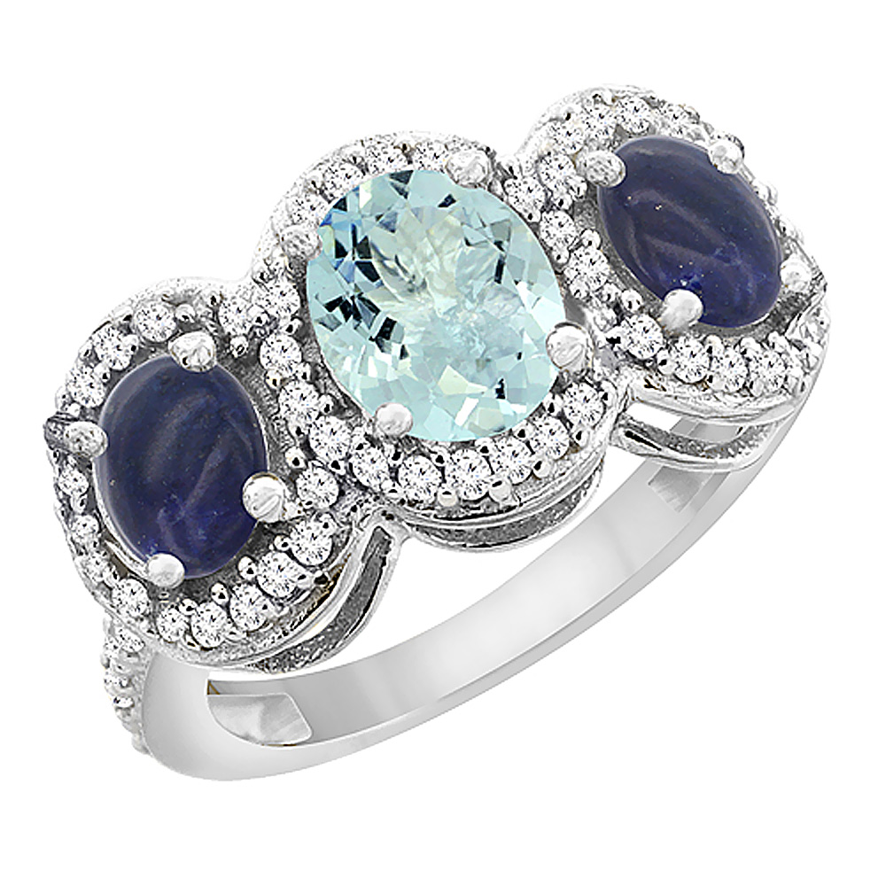 14K White Gold Natural Aquamarine & Lapis 3-Stone Ring Oval Diamond Accent, sizes 5 - 10