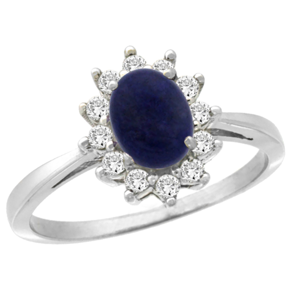 10k White Gold Natural Lapis Engagement Ring Oval 7x5mm Diamond Halo, sizes 5-10