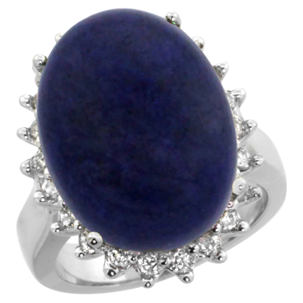 10k White Gold Diamond Halo Natural Lapis Ring Large Oval 18x13mm, sizes 5-10