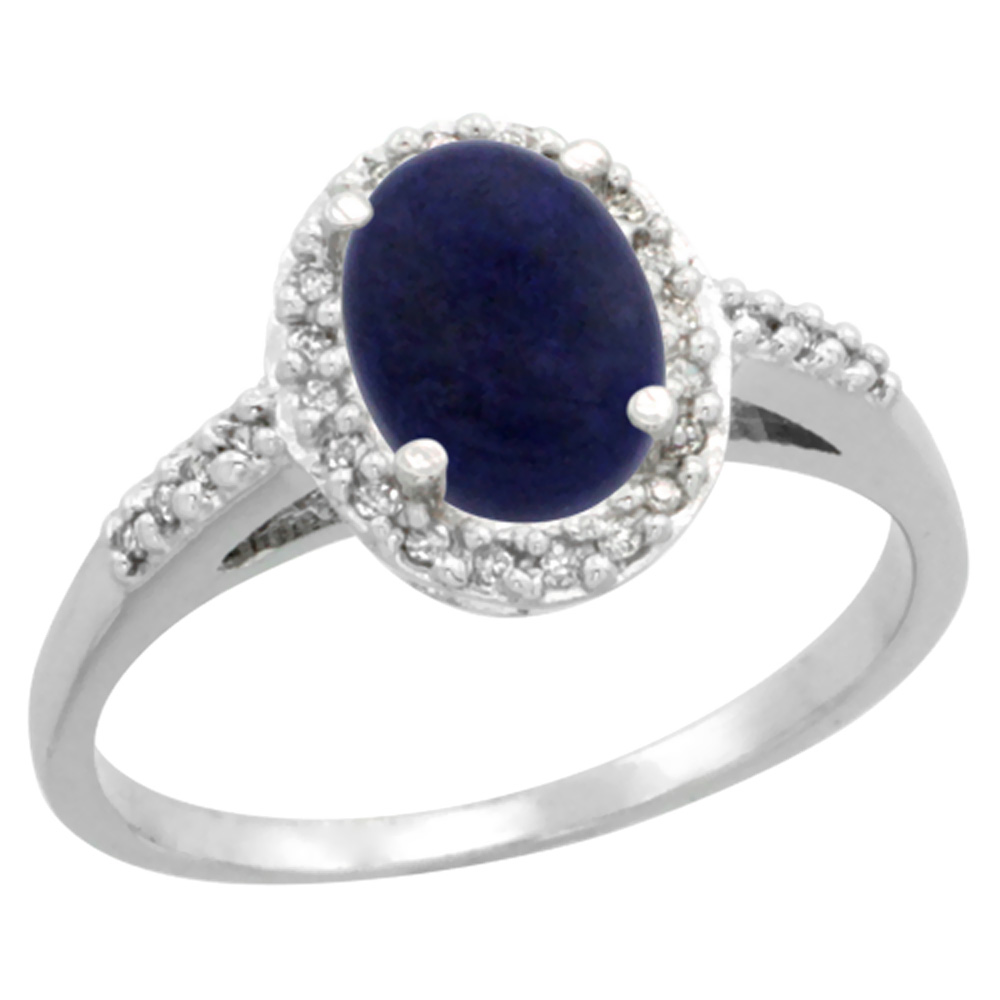 10K White Gold Diamond Natural Lapis Ring Oval 8x6mm, sizes 5-10