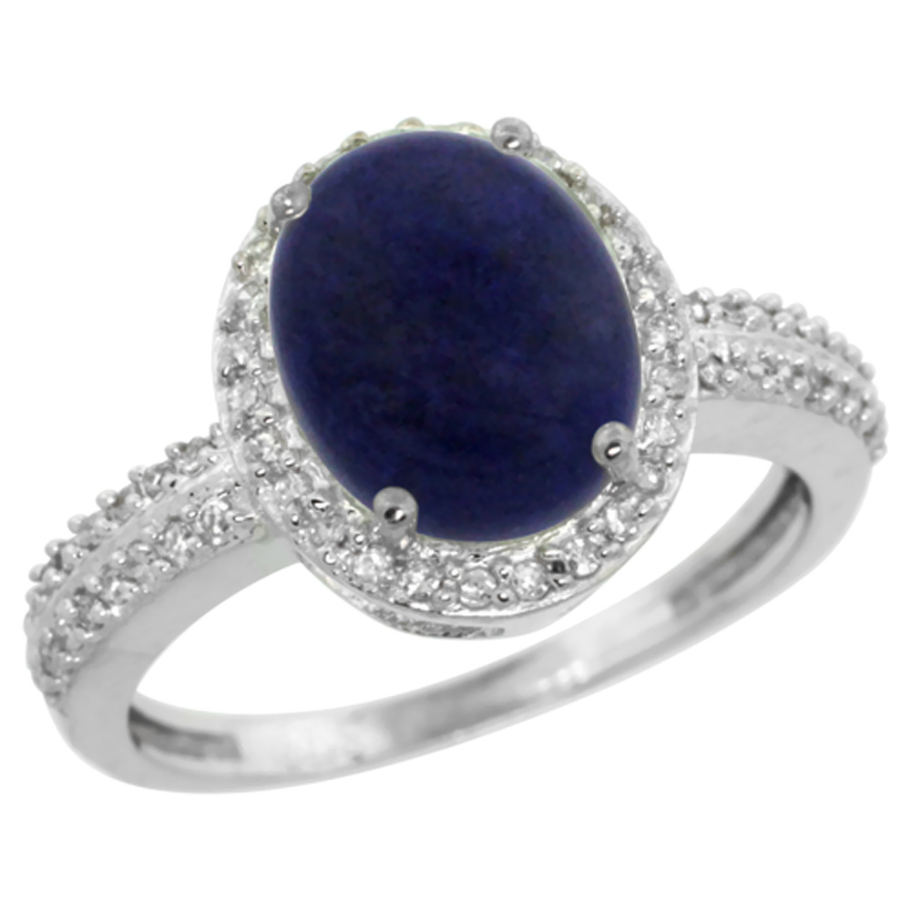 14K White Gold Diamond Natural Lapis Engagement Ring Oval 10x8mm, sizes 5-10