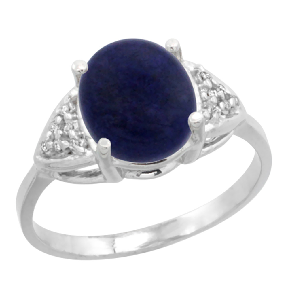 10K White Gold Diamond Natural Lapis Engagement Ring Oval 10x8mm, sizes 5-10