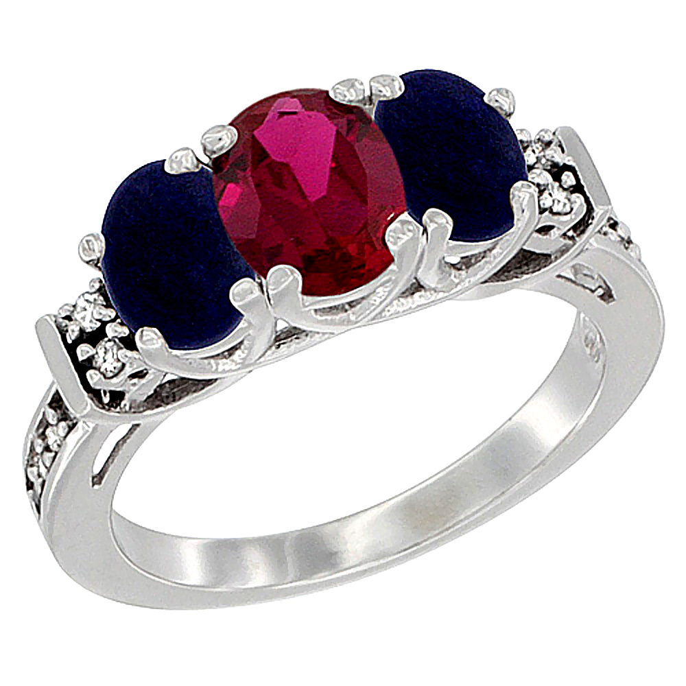 14K White Gold Enhanced Ruby & Natural Lapis Ring 3-Stone Oval Diamond Accent, sizes 5-10