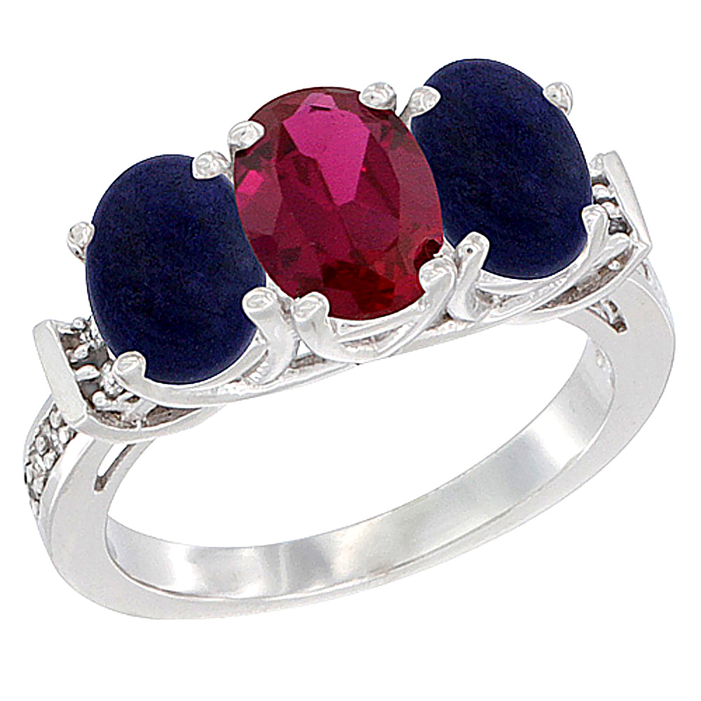 14K White Gold Enhanced Ruby &amp; Lapis Sides Ring 3-Stone Oval Diamond Accent, sizes 5 - 10