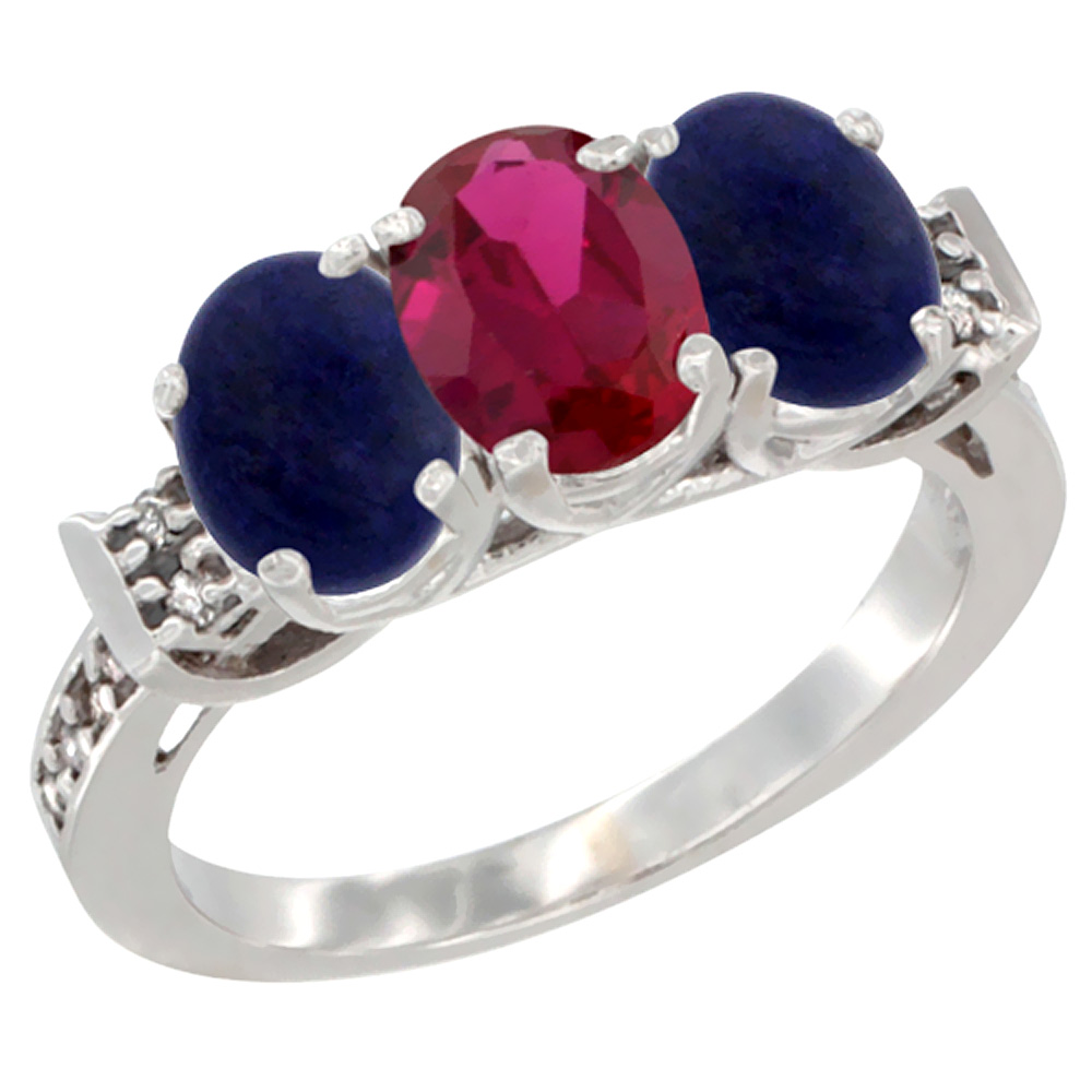 14K White Gold Enhanced Ruby &amp; Natural Lapis Ring 3-Stone 7x5 mm Oval Diamond Accent, sizes 5 - 10