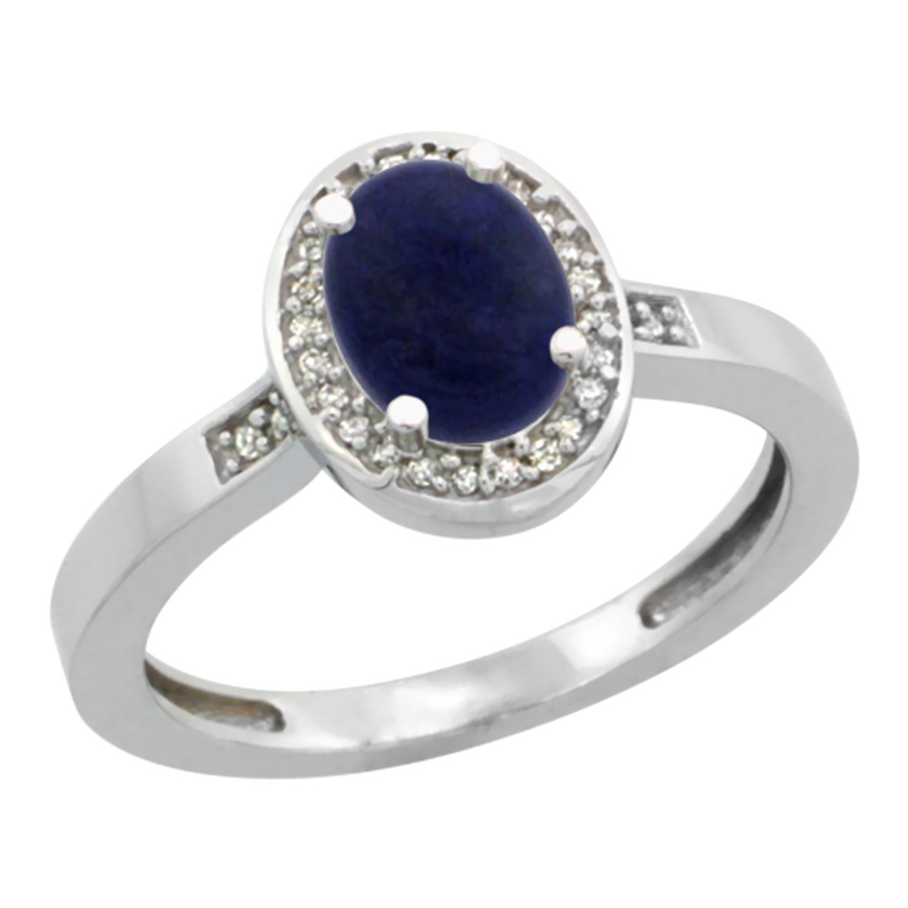 10K White Gold Diamond Natural Lapis Engagement Ring Oval 7x5mm, sizes 5-10