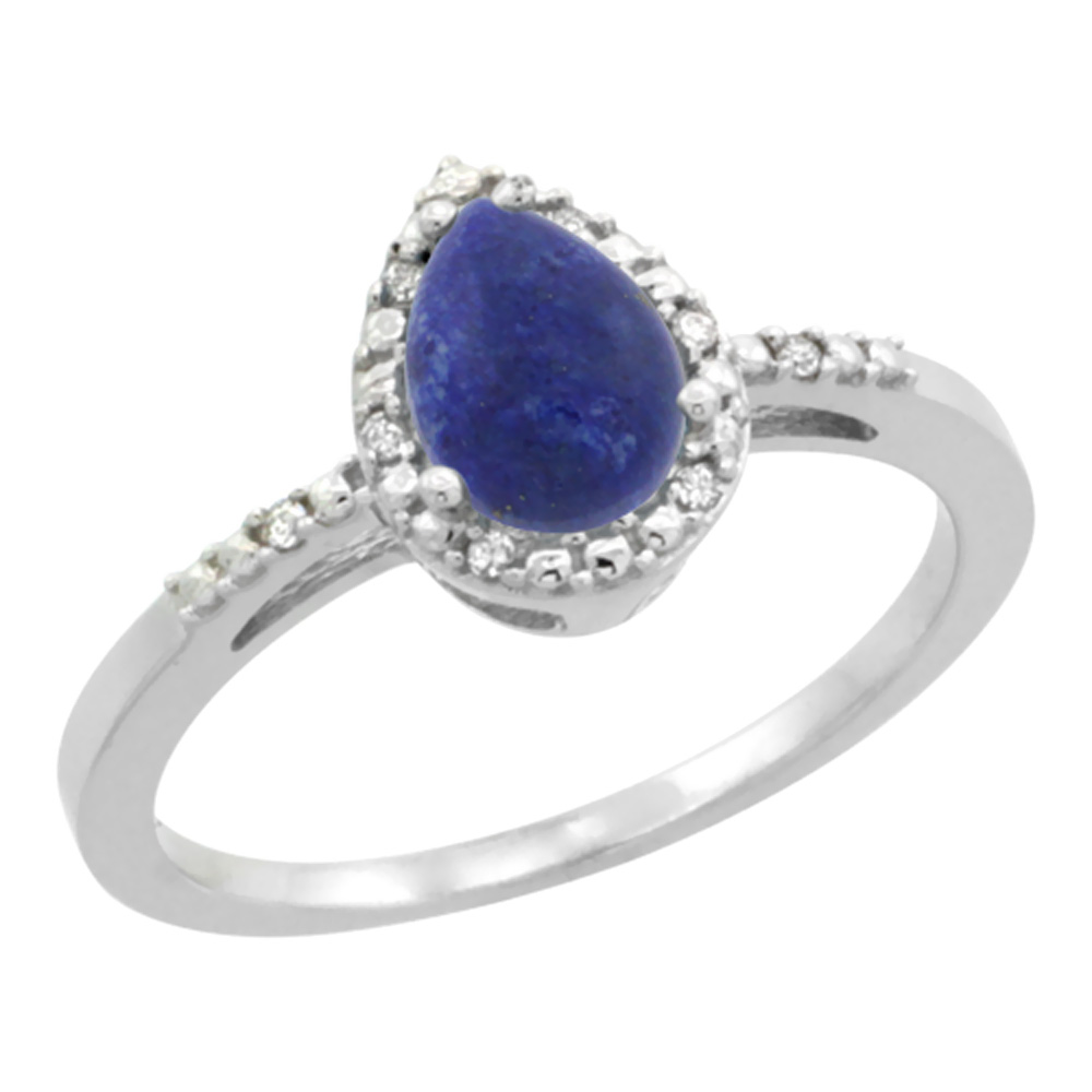 10K White Gold Diamond Natural Lapis Ring Pear 7x5mm, sizes 5-10