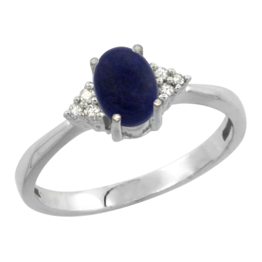 14K White Gold Diamond Natural Lapis Engagement Ring Oval 7x5mm, sizes 5-10