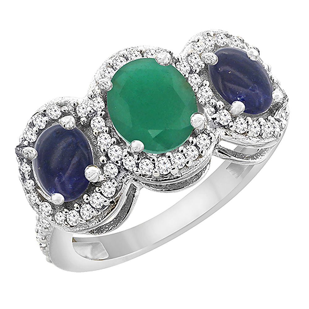 14K White Gold Natural Cabochon Emerald &amp; Lapis 3-Stone Ring Oval Diamond Accent, sizes 5 - 10