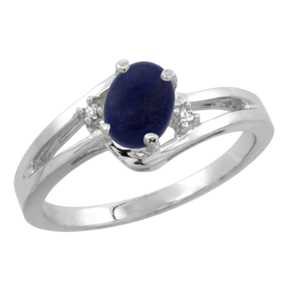 10K White Gold Diamond Natural Lapis Ring Oval 6x4 mm, sizes 5-10