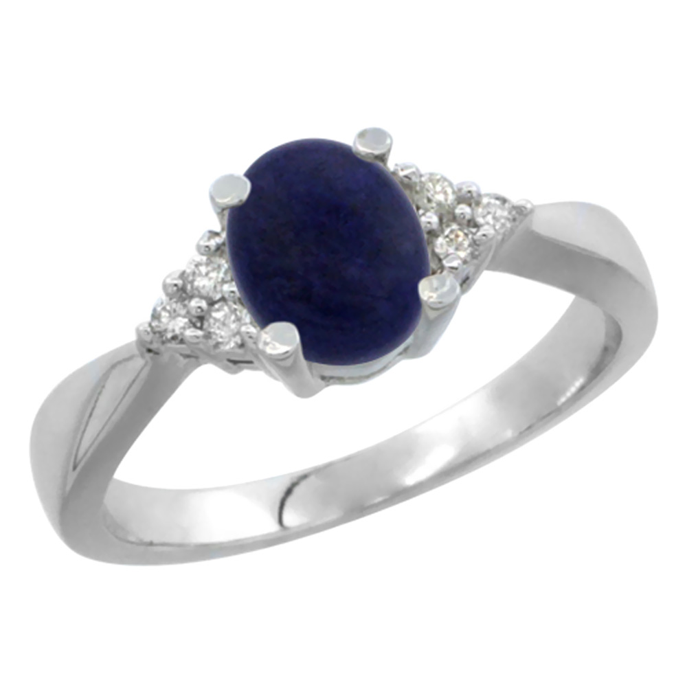 10K White Gold Diamond Natural Lapis Engagement Ring Oval 7x5mm, sizes 5-10