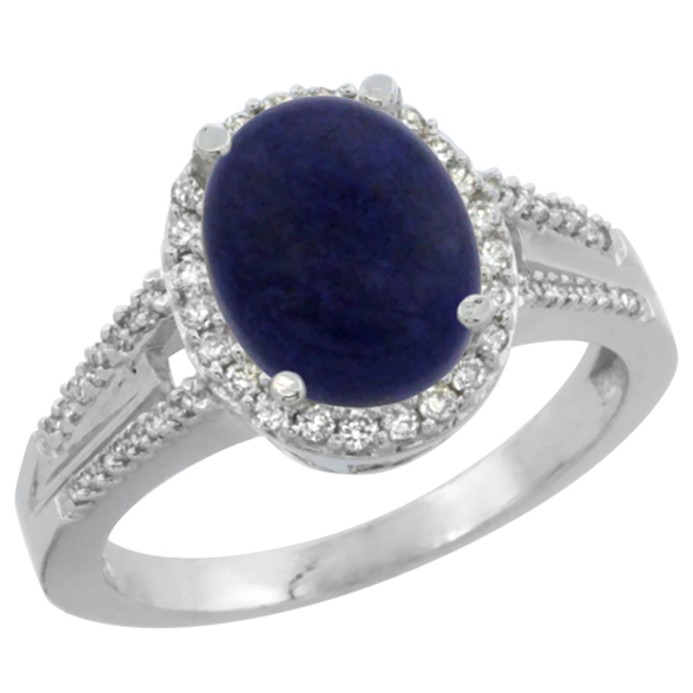 10K White Gold Diamond Natural Lapis Engagement Ring Oval 10x8mm, sizes 5-10