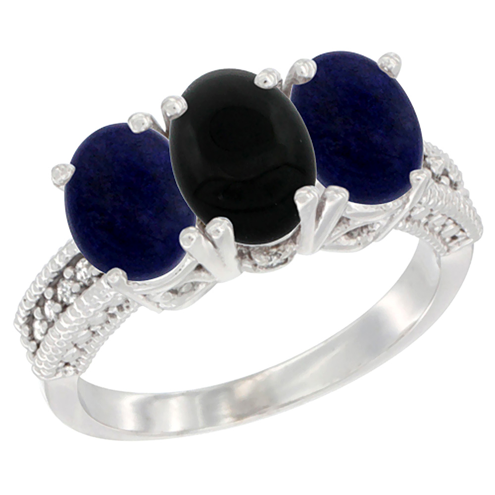 10K White Gold Diamond Natural Black Onyx & Lapis Ring 3-Stone 7x5 mm Oval, sizes 5 - 10