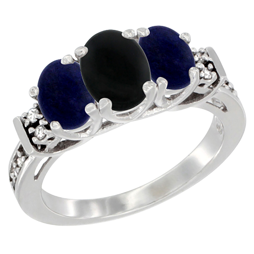 10K White Gold Natural Black Onyx & Lapis Ring 3-Stone Oval Diamond Accent, sizes 5-10