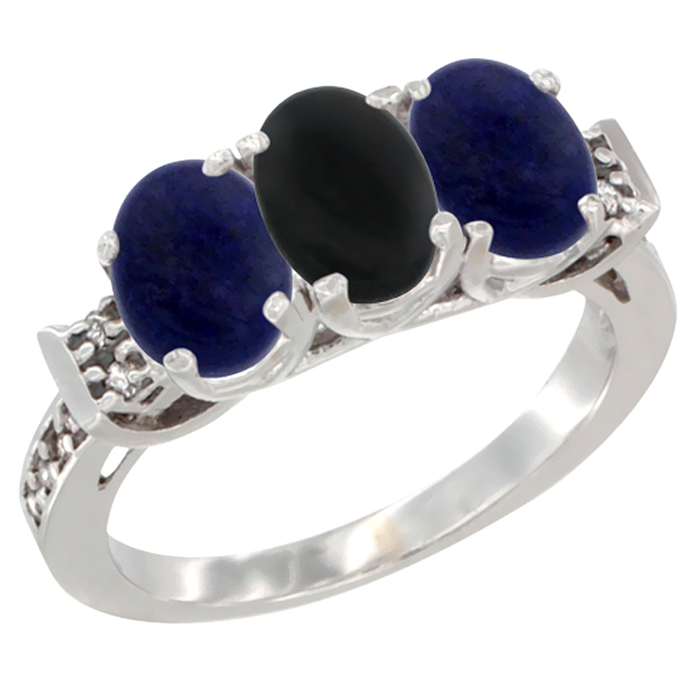 10K White Gold Natural Black Onyx &amp; Lapis Sides Ring 3-Stone Oval 7x5 mm Diamond Accent, sizes 5 - 10