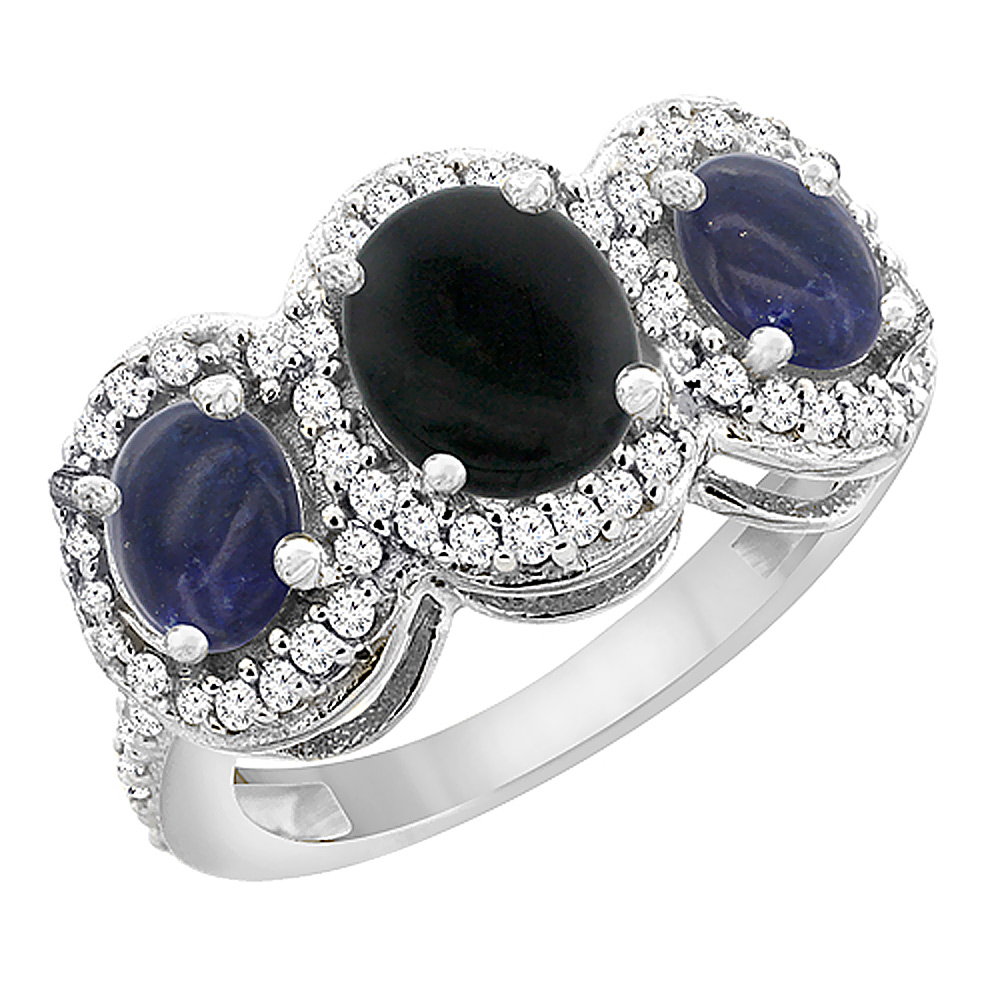 10K White Gold Natural Black Onyx & Lapis 3-Stone Ring Oval Diamond Accent, sizes 5 - 10