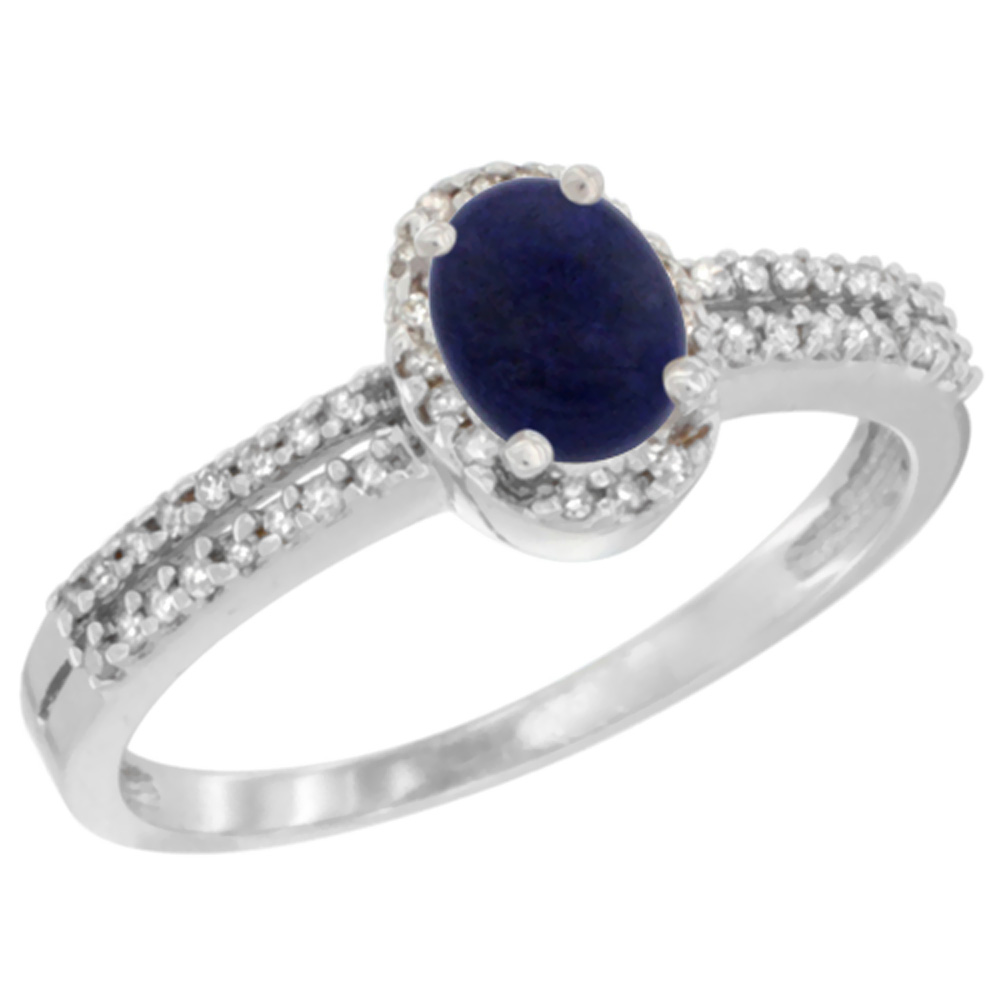 10K White Gold Natural Lapis Ring Oval 6x4mm Diamond Accent, sizes 5-10