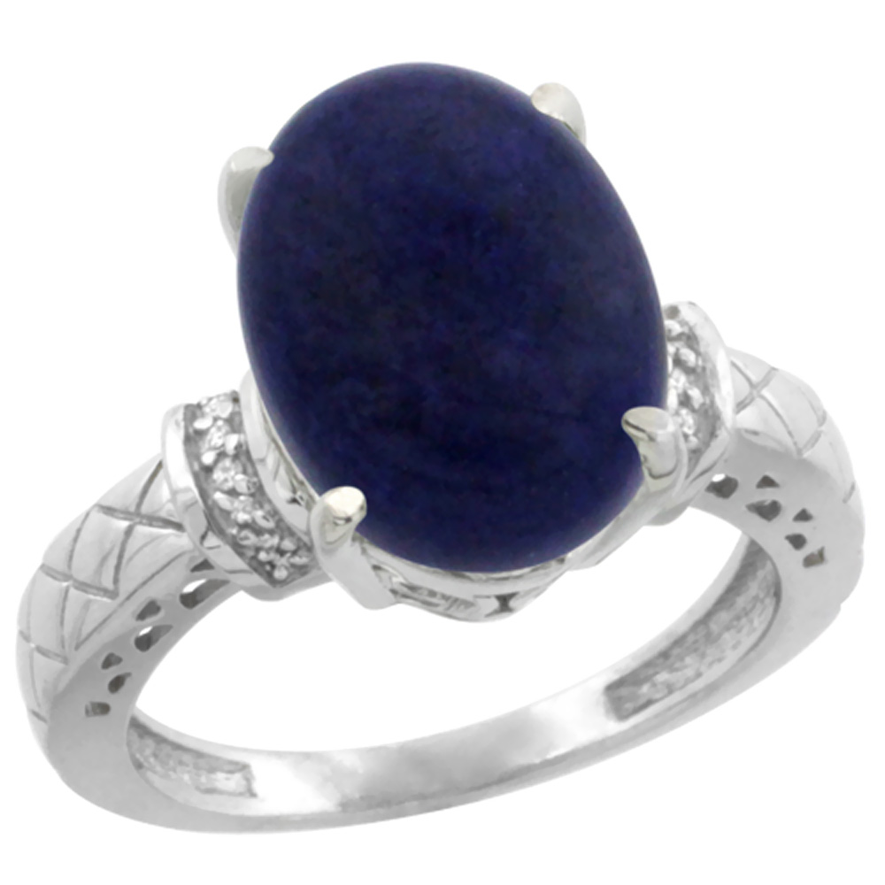 14K White Gold Diamond Natural Lapis Ring Oval 14x10mm, sizes 5-10