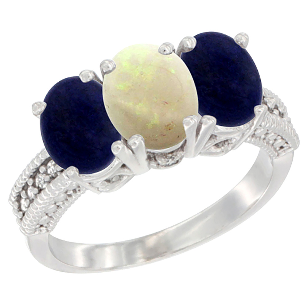 10K White Gold Diamond Natural Opal & Lapis Ring 3-Stone 7x5 mm Oval, sizes 5 - 10