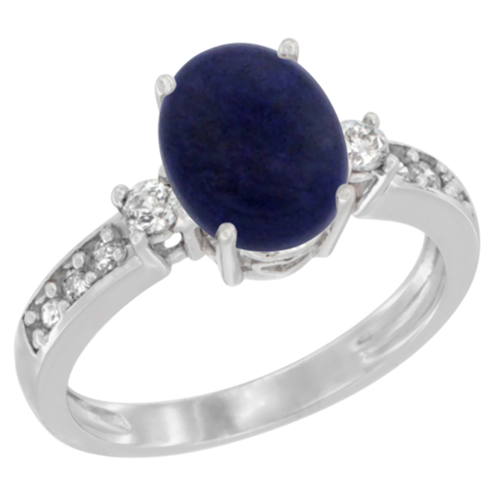 14K White Gold Natural Lapis Ring Oval 9x7 mm Diamond Accent, sizes 5 - 10