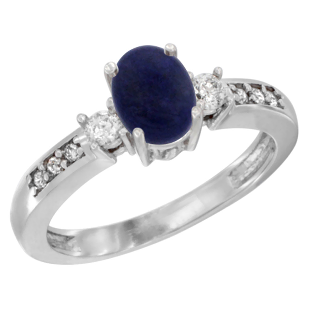 14K White Gold Diamond Natural Lapis Engagement Ring Oval 7x5 mm, sizes 5 - 10