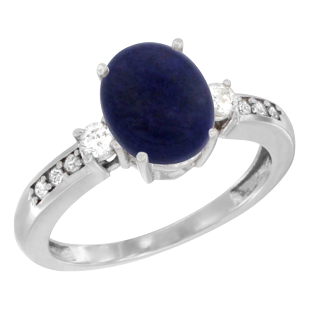 14K White Gold Natural Lapis Ring Oval 9x7 mm Diamond Accent, sizes 5 - 10